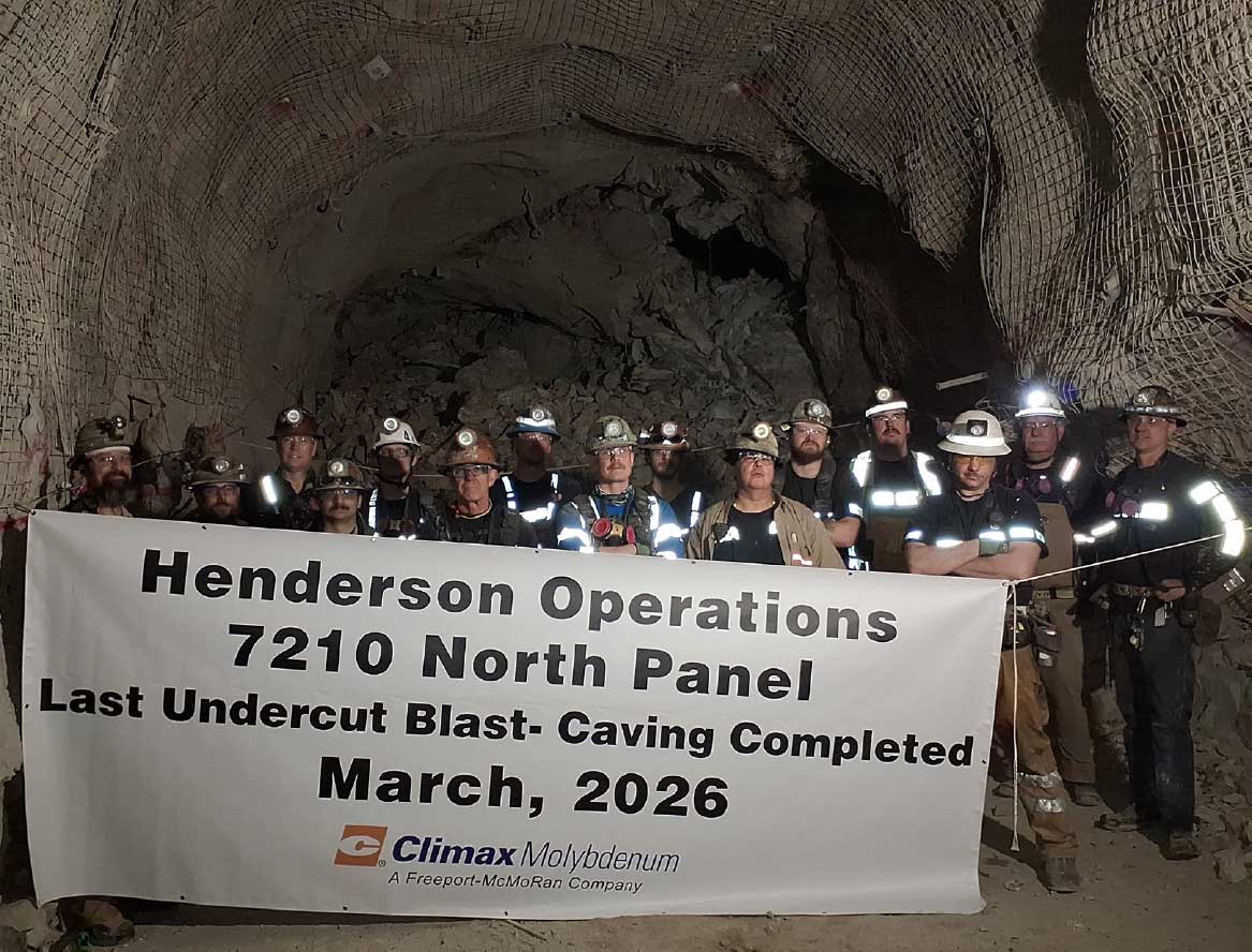 Henderson crew with banner marking the 7210 North Panel last undercut blast, March 2026.