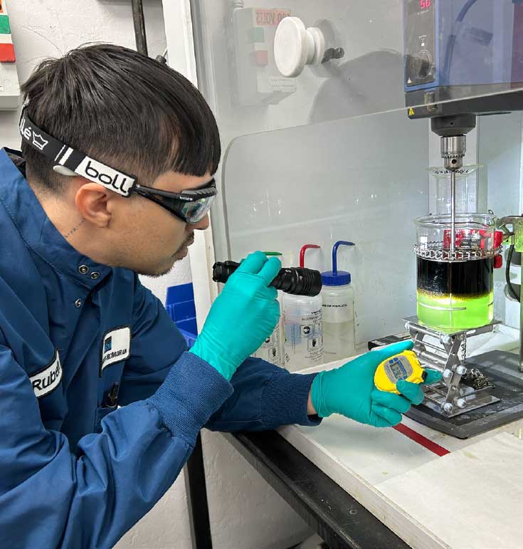 Ruben Ruiz conducts tests to ensure additives will not damage existing equipment.
